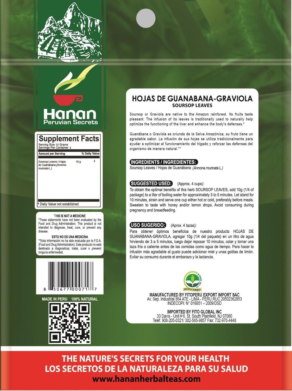 Hanan Peruvian Secrets Hojas De Guanabana-Graviola Herbal Tea-100% Soursop Leave