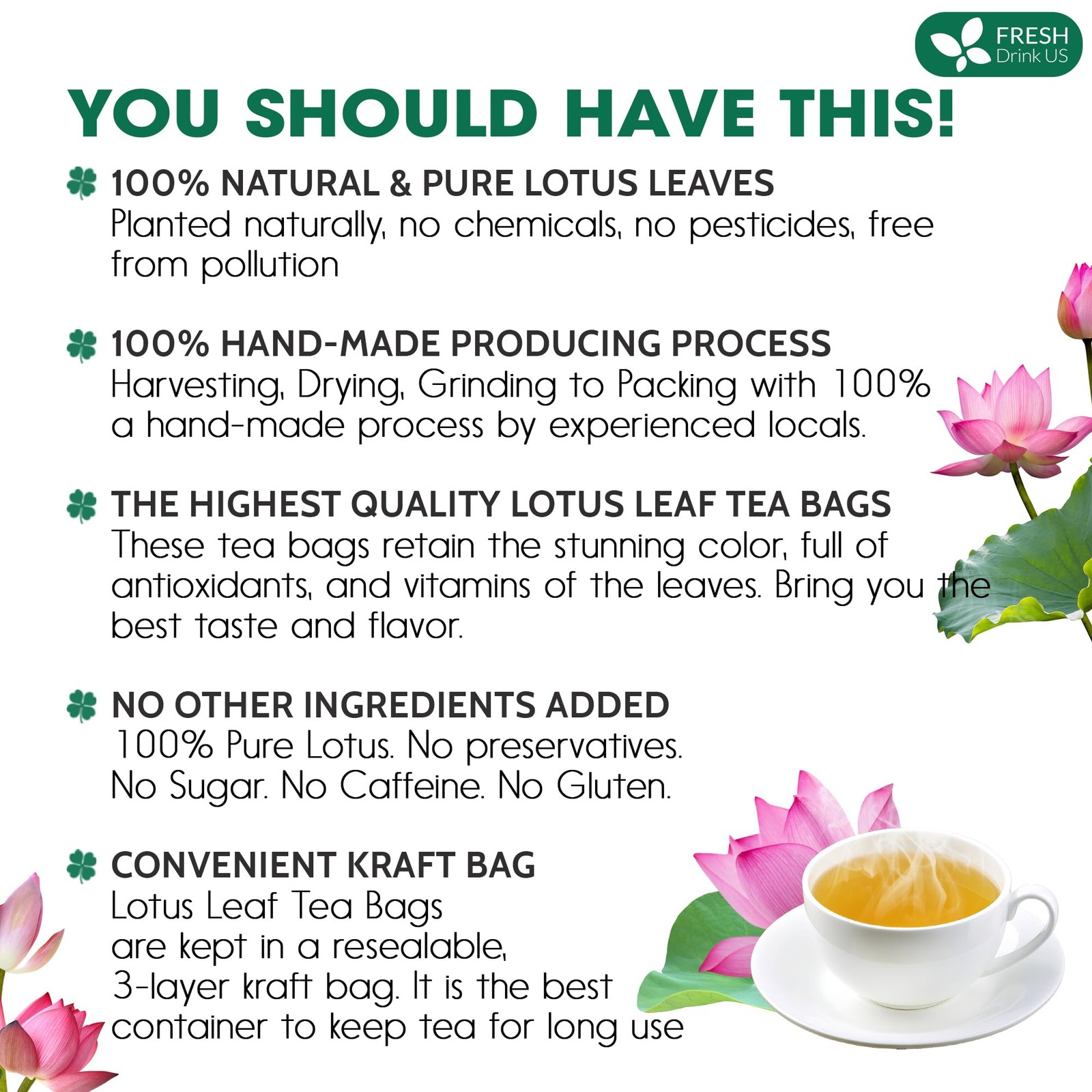 FreshDrinkUS, Premium 30 Lotus Leaf Tea Bags, 100% Natural & Pure 30 Bags