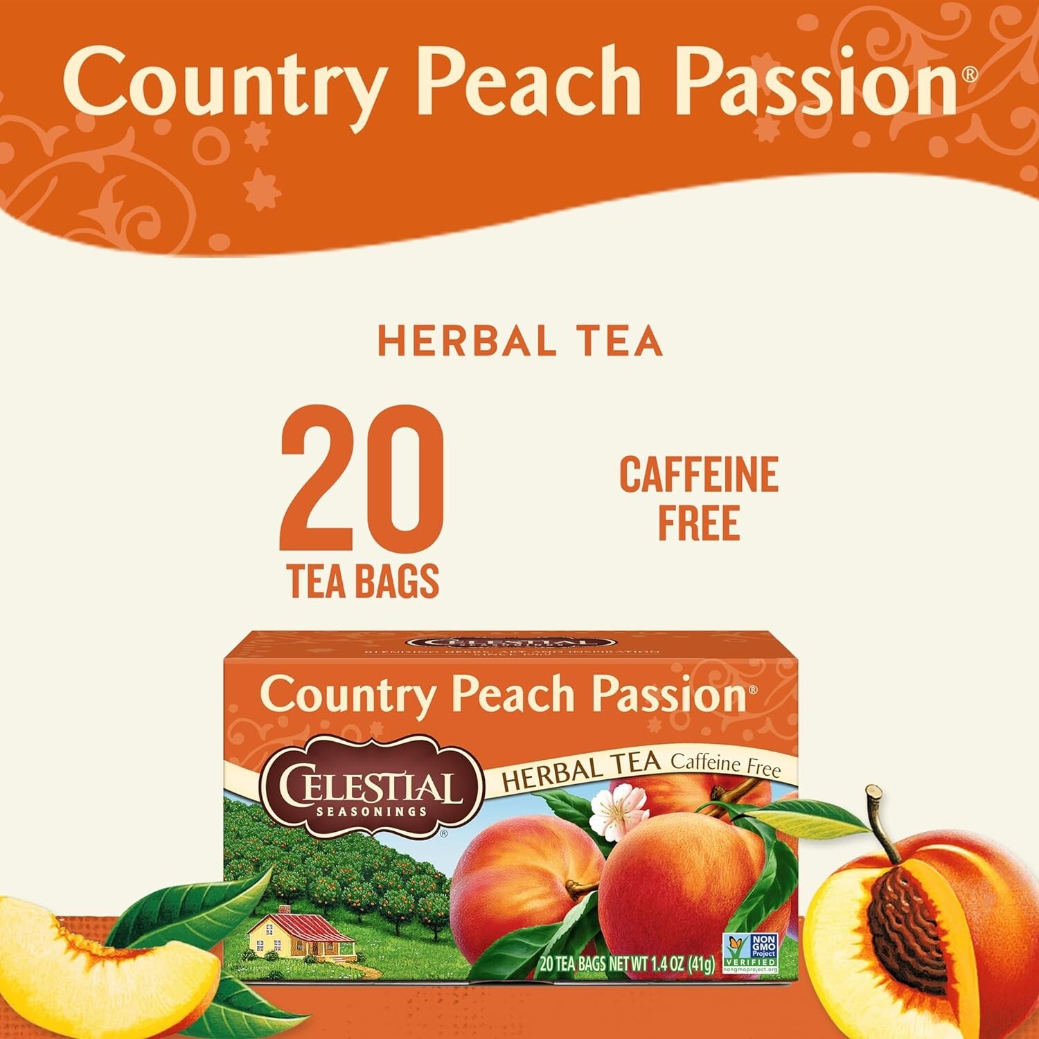 Country Peach Passion Herbal Tea, Caffeine Free, 20 Tea Bags Box, (6 Pack )1/23