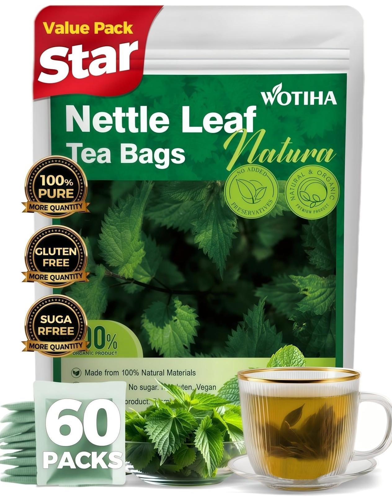 Premium Natural Nettle Leaf Tea Bags, 60 Count – 100% Pure Herbal 60 Bags