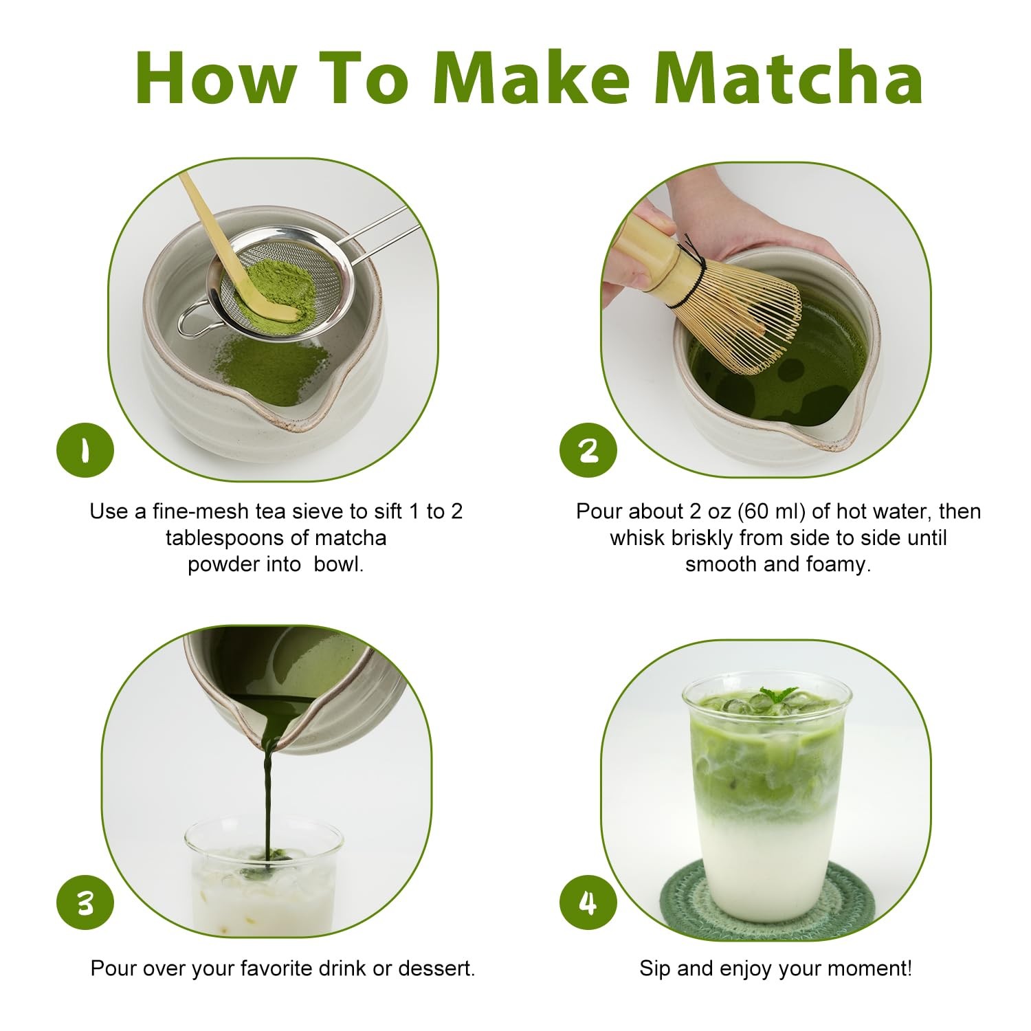 Soeos Matcha Powder, 2oz with 7-Piece 2 Ounce and 7 Piece Set, Multicolor