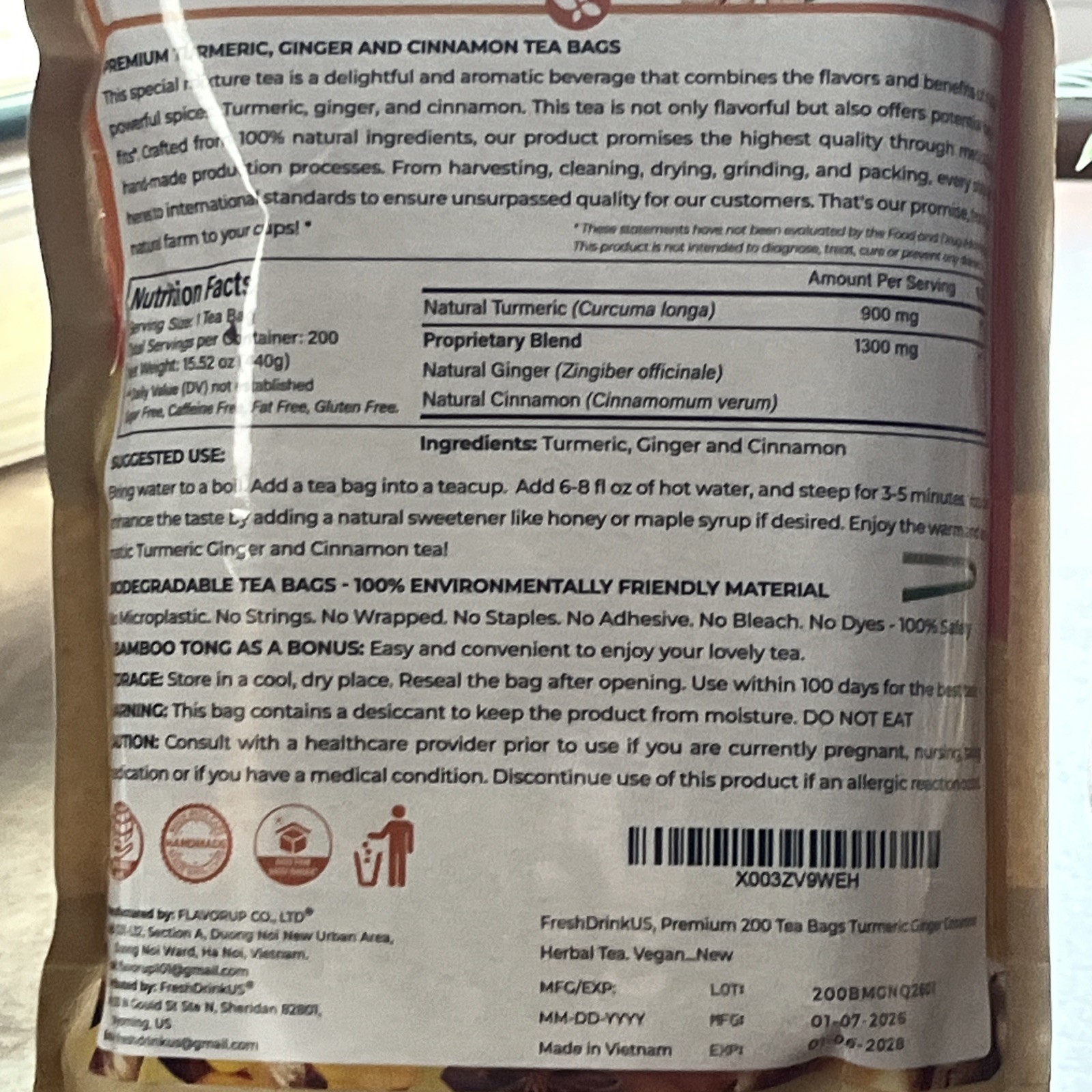 Premium 200 Turmeric Ginger Cinnamon Natural Tea Bags Pure No Additive Added