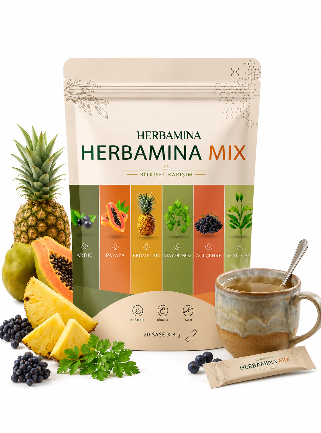 Herbamina Mix Herbal Tea Drink Powder with Papaya, Pineapple & Green Tea – 20pcs