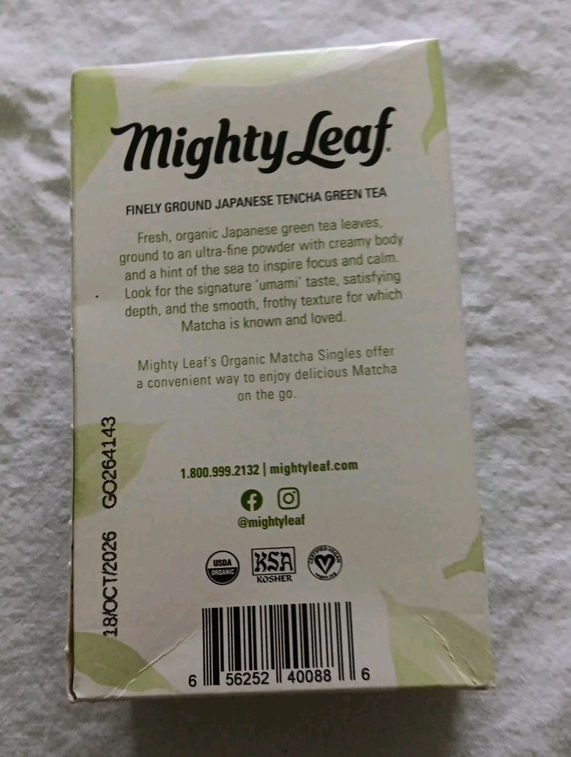 Mighty Leaf Tea, Organic Matcha Green Tea Singles Box of 12 Single Serve (BN18)