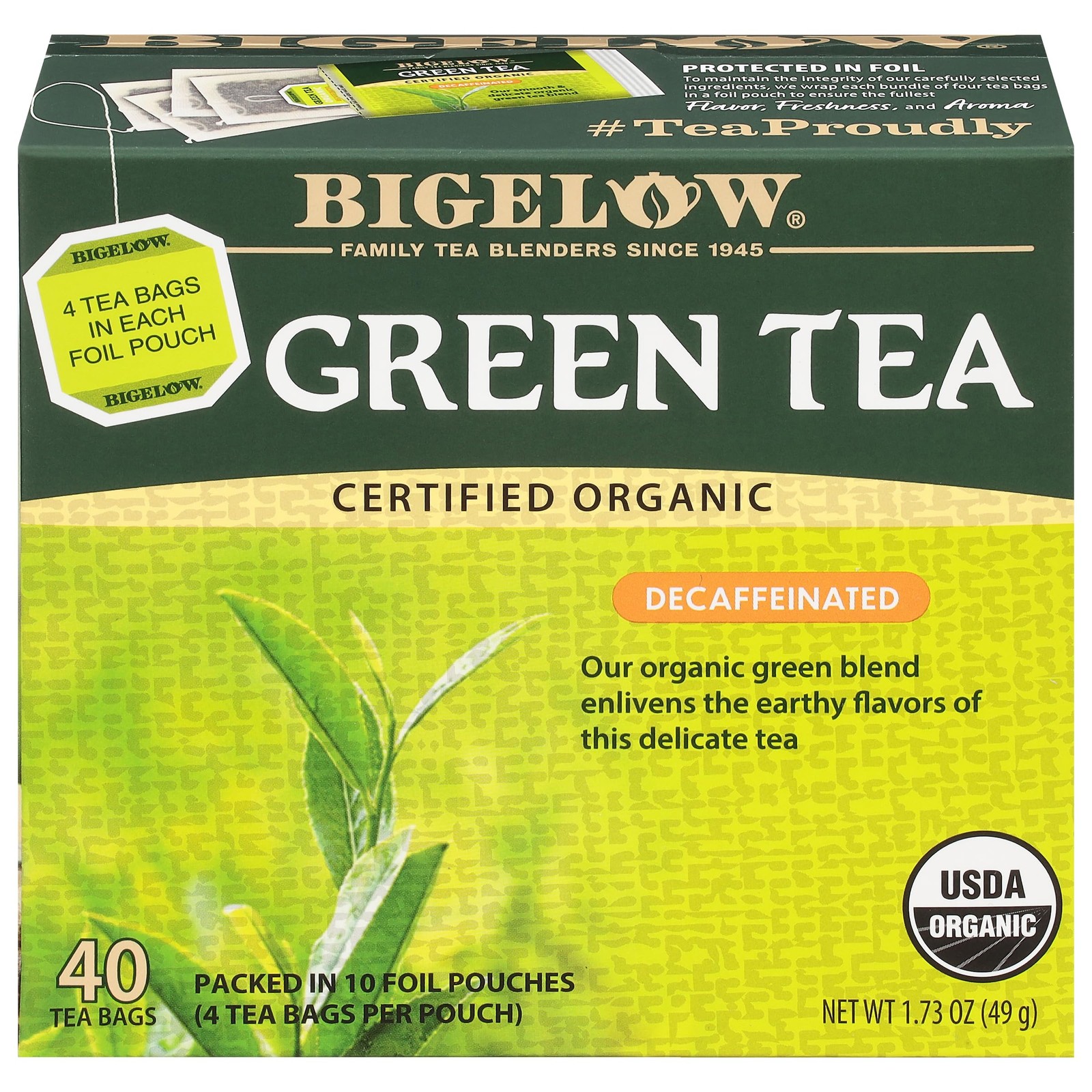 Bigelow Organic Decaf Green Tea Bags, 40 Count – Caffeine-Free Herbal Tea