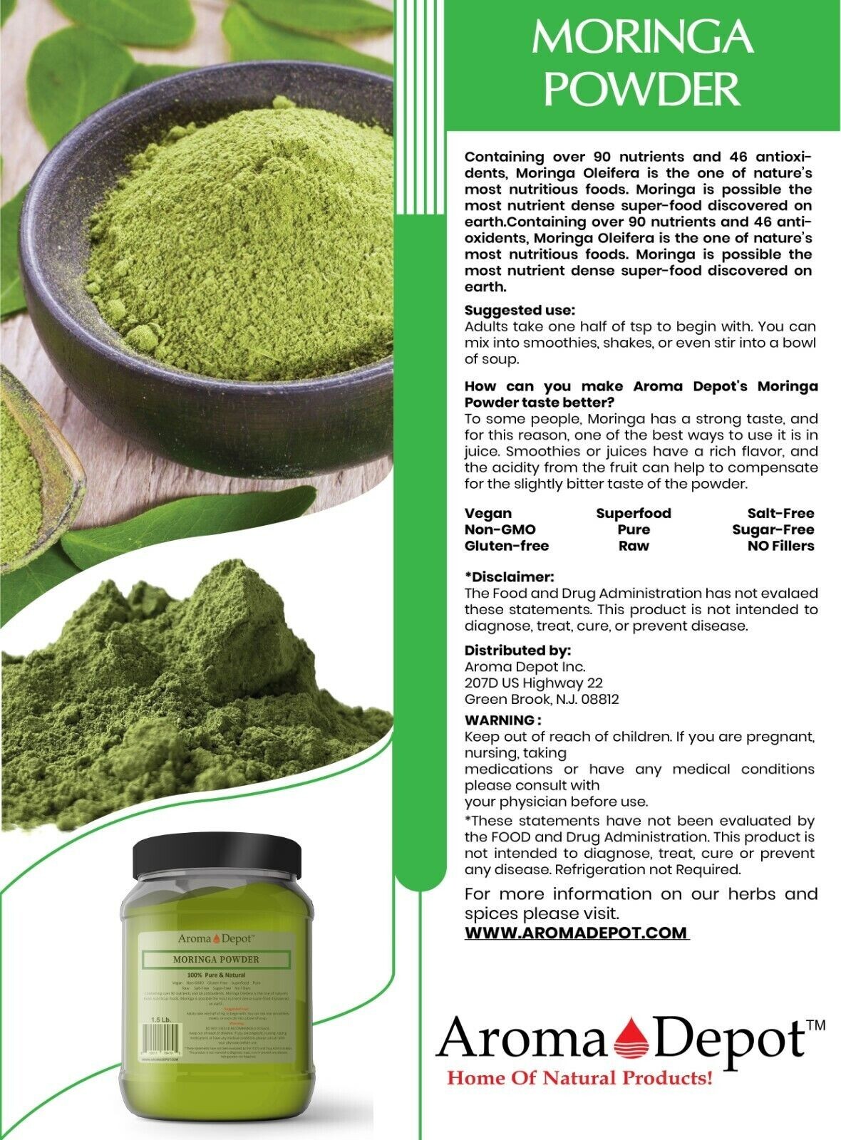 1lb Moringa leaf Powder Great For Energy, Nutrition Pure Natural JAR