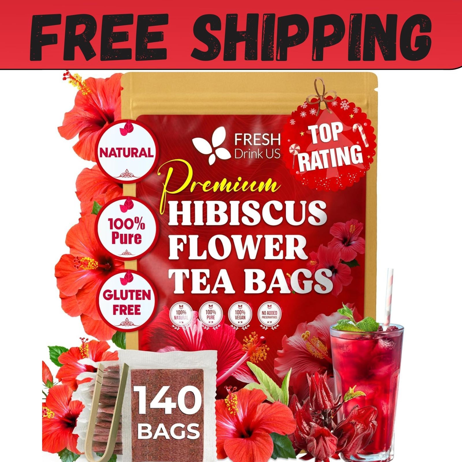 , Premium 140 Hibiscus Flowers Tea Bags, 100% Natural, Handmade & Pure from Hibi
