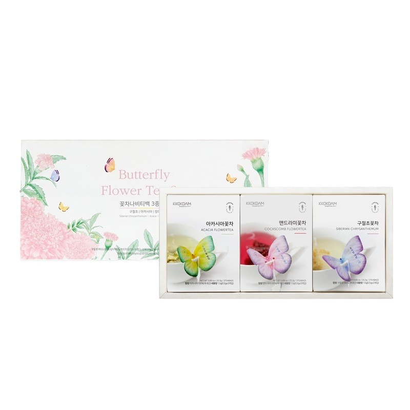 Kkokdam Butterfly Tea Bag Gift Set Pink 9 Bags 3 Flavors Herbal Tea