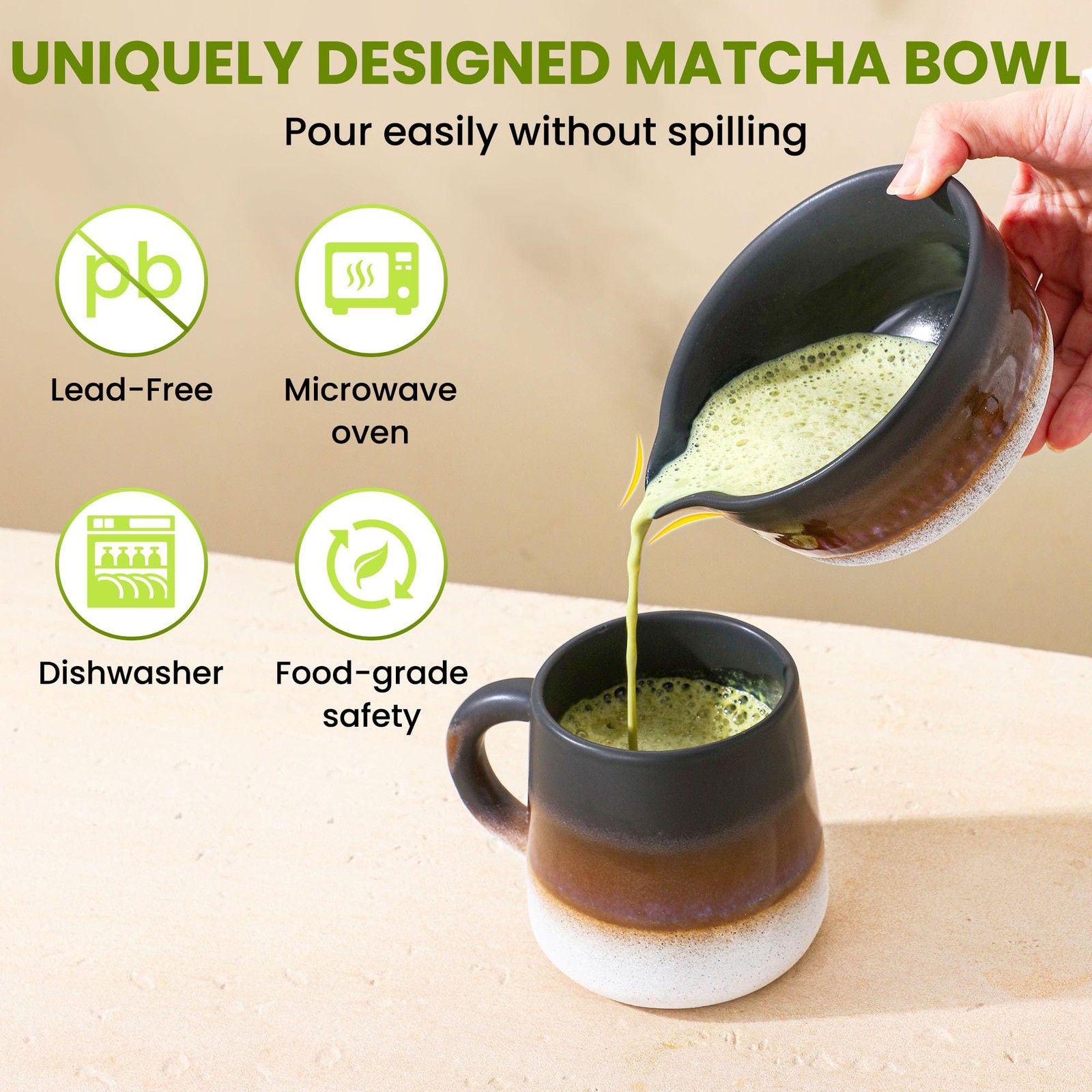 Matcha Whisk Set Desert Style Ceramic Bowl Kit 7 Pc for Beginners Matte Black