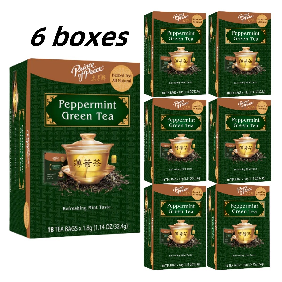 Peppermint Green Tea Herbal Tea- 6 Boxes- 18 Tea Bags Each Box -Prince of Peace