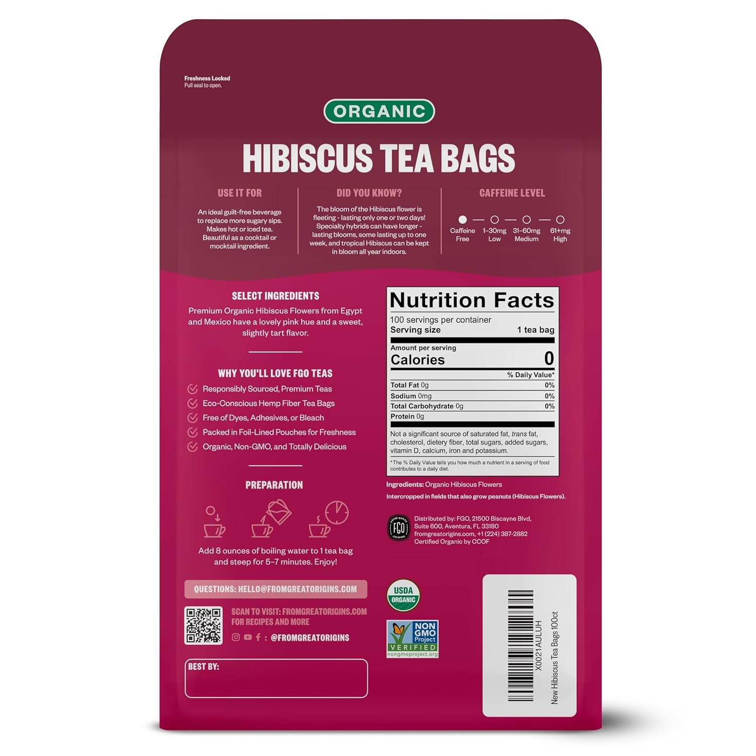 Organic Hibiscus Herbal Tea, 40 Count, Eco-Conscious Tea Bags, Caffeine Free