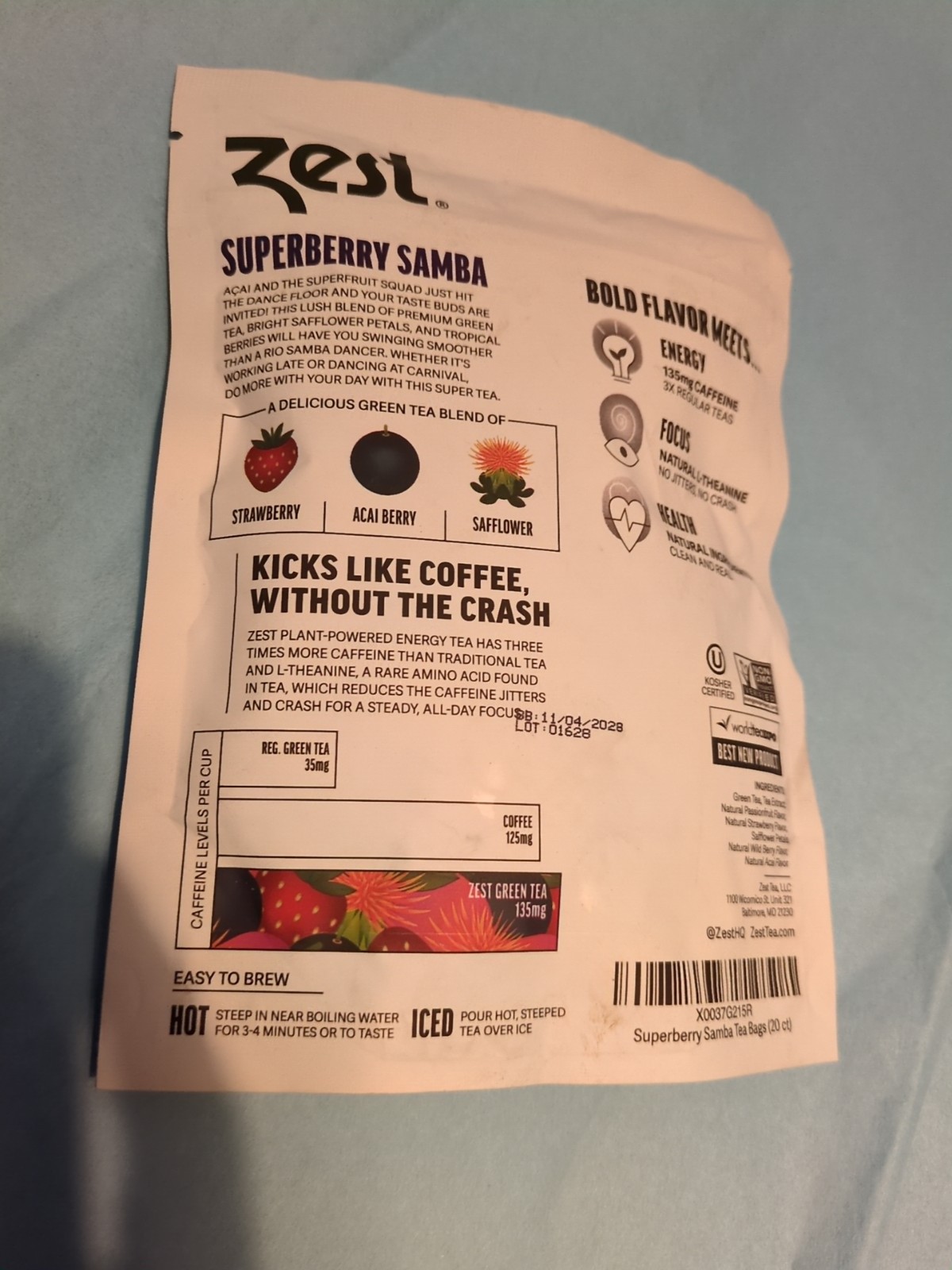 Zest Energy Superberry Samba Green Tea 20 Bags 135mg Caffeine Keto Friendly
