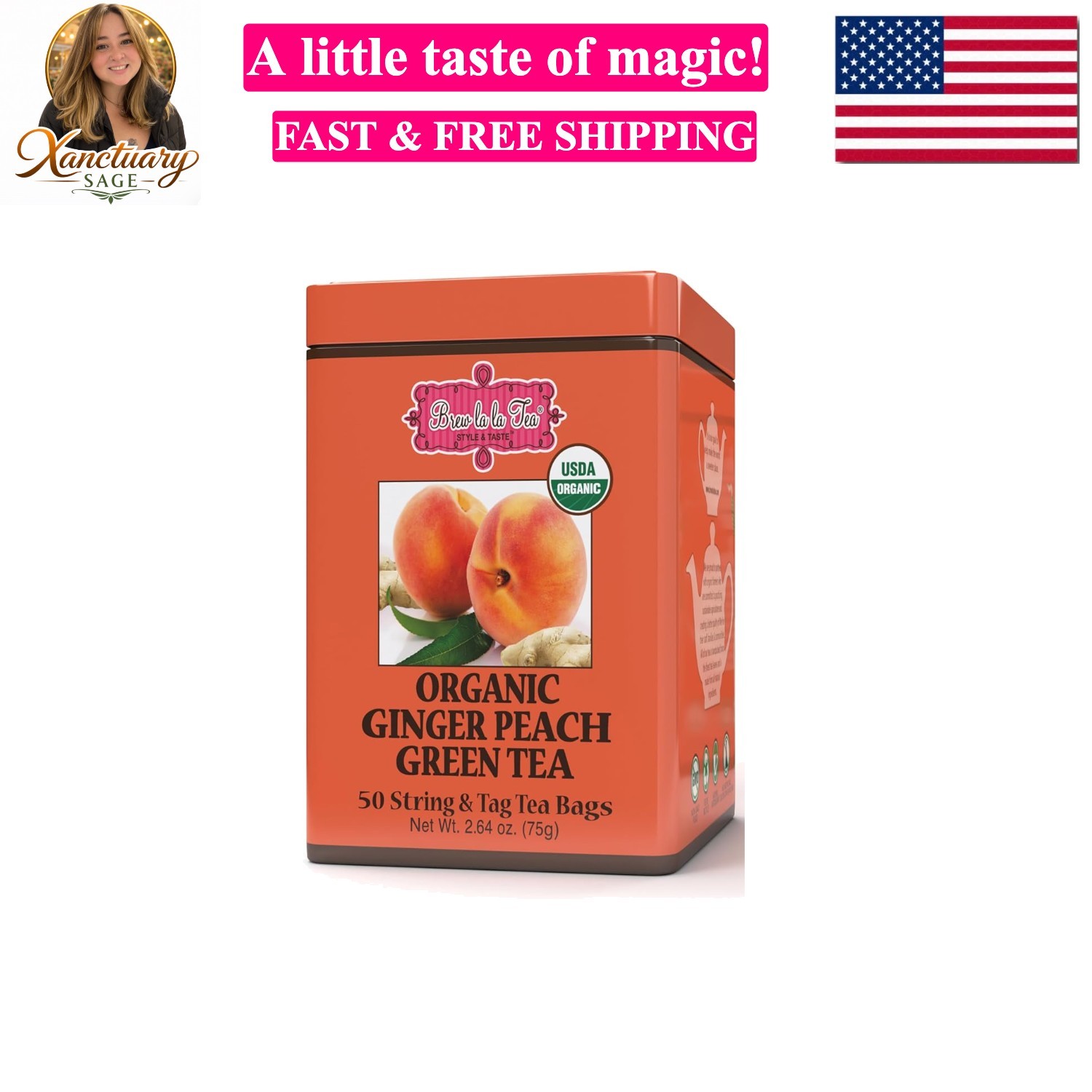 Brew La La Organic Green Tea – Natural Ginger Peach Flavor – 50 Double Chambe…