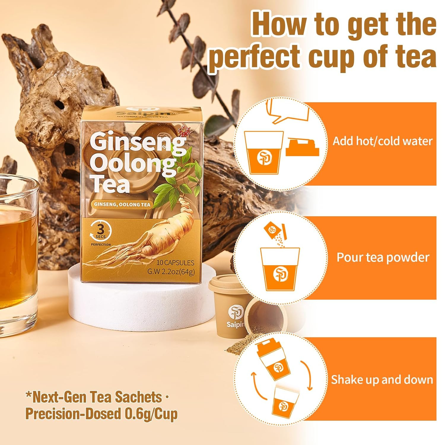 SAIPIN Organic Ginseng Tea – 10 Instant Oolong Tea for Natural Energy and Stress