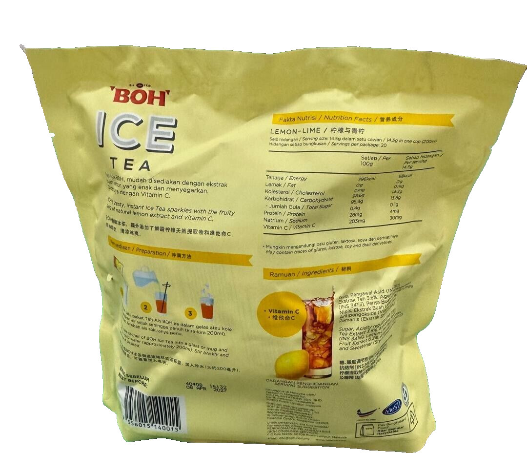 Boh Ice Tea Instant Mix Lemon Lime Flavour Vit C L/Sugar 20s x 14.5g – 1 Pack