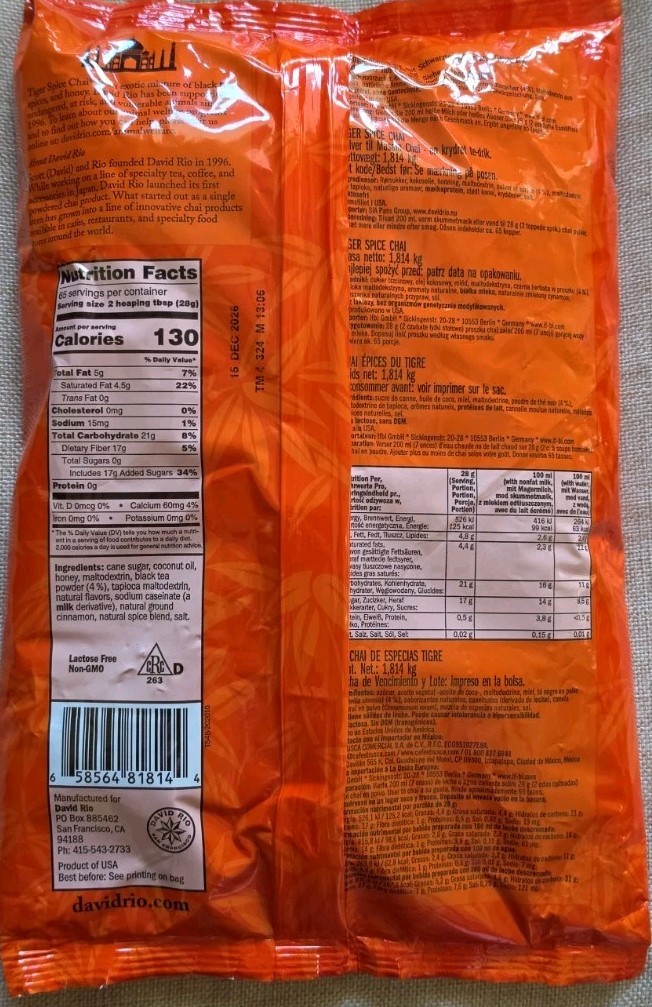 David Rio Food Service Bag Tiger Spice Chai, 4 lb (1.8 kg)