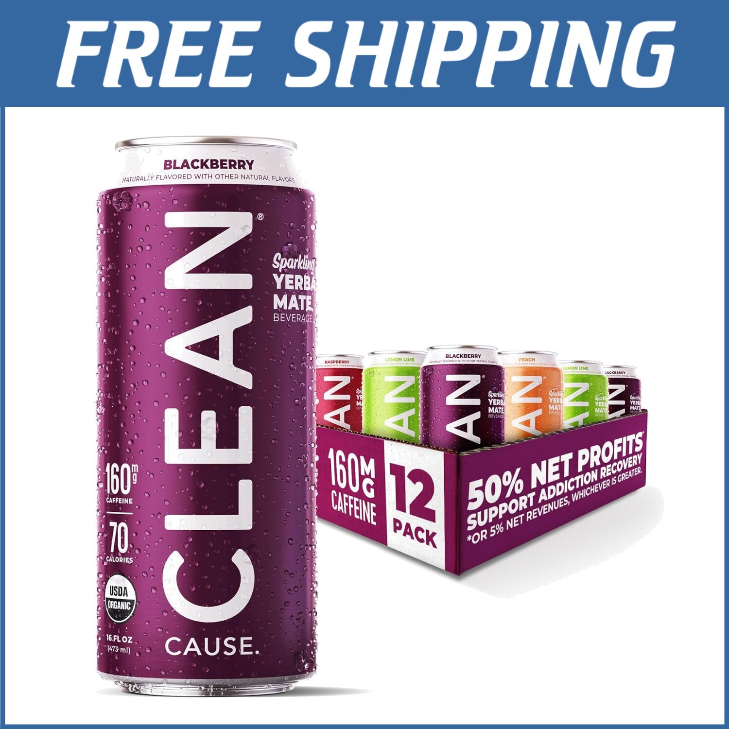 CLEAN Cause Organic Sparkling Yerba Mate 12-Pack – Low Cal, 160mg Caffeine/-