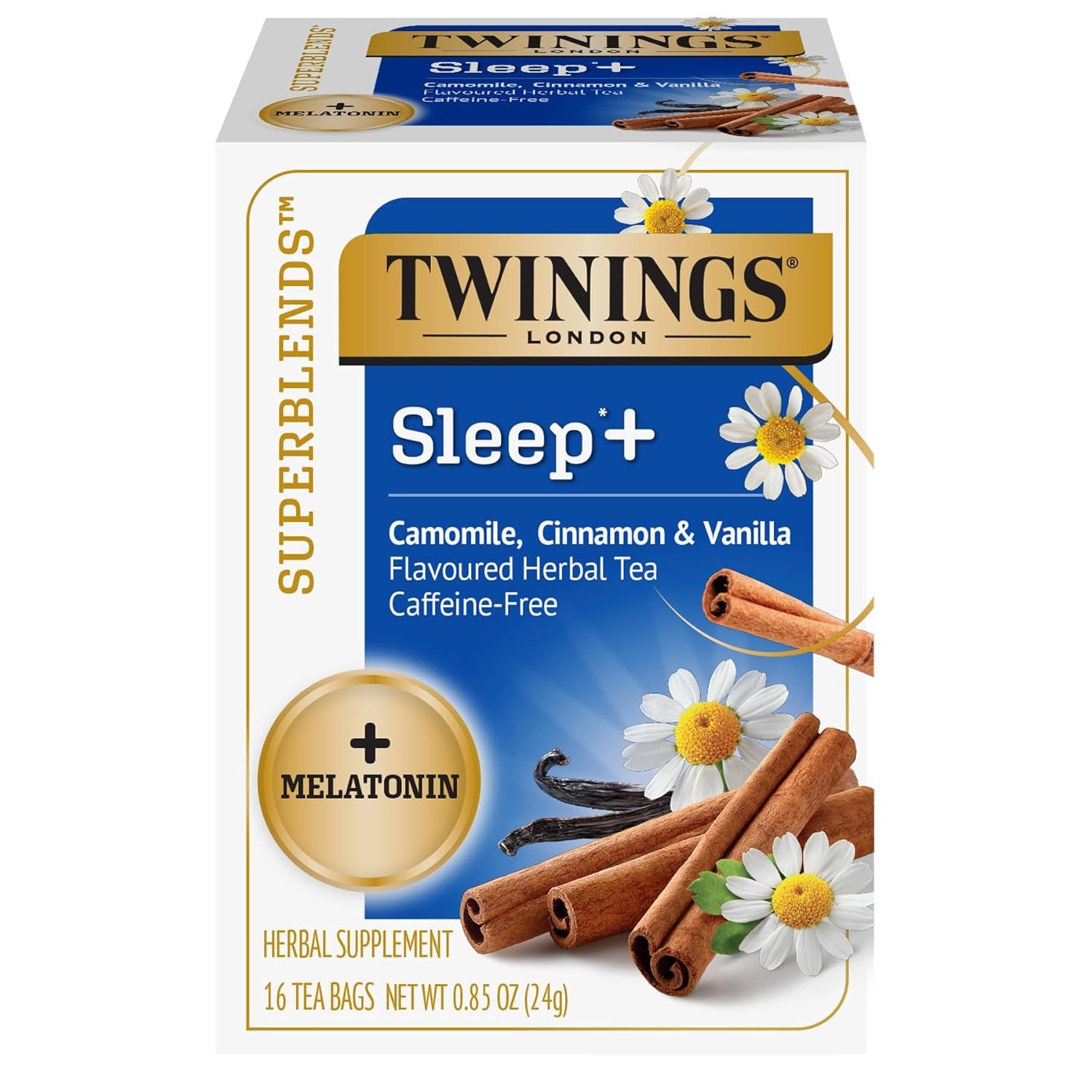 Twinings Superblends Sleep+ Herbal Tea with 1mg Melatonin Camomile, Cinnamon & V