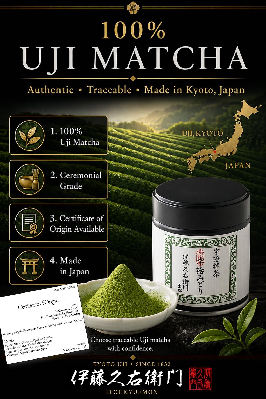 ITOHKYUEMON Kyoto Uji FirstHarvest Ceremonial Grade Matcha Green Tea Powder –…