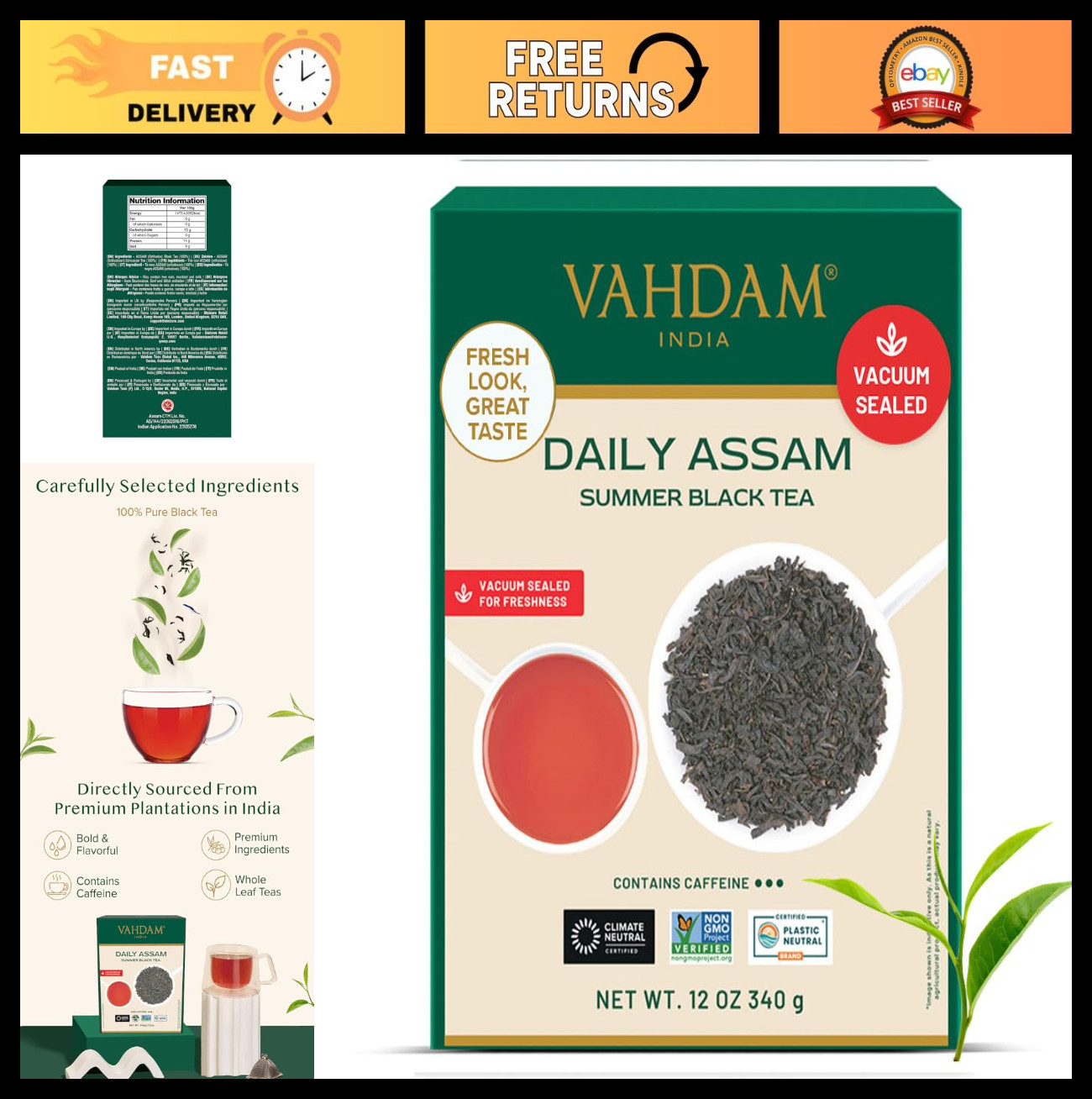 Assam Black Tea Leaves 340g | Strong Malty Flavor | High Caffeine, Non-GMO, Glut