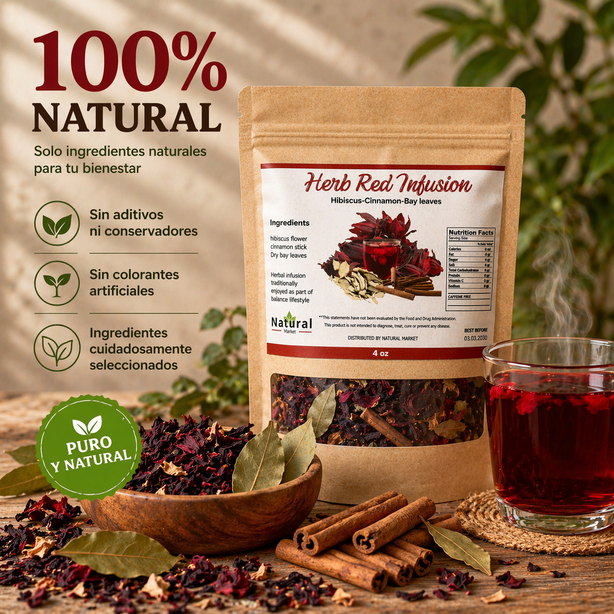 Infusion de Jamaica con Canela y Laurel – 4oz Hibiscus, Cinnamon & Bay Leaf Herb