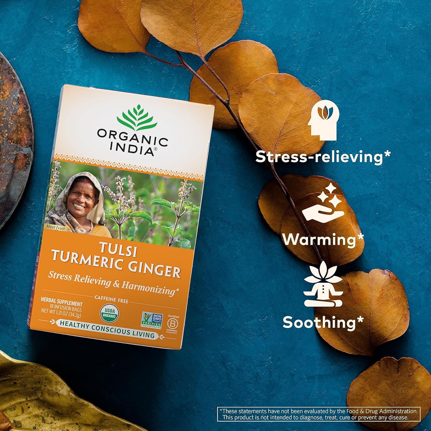 Organic India Tulsi Turmeric Ginger Herbal Tea Caffeine Free 18 Bags, 6 Pack
