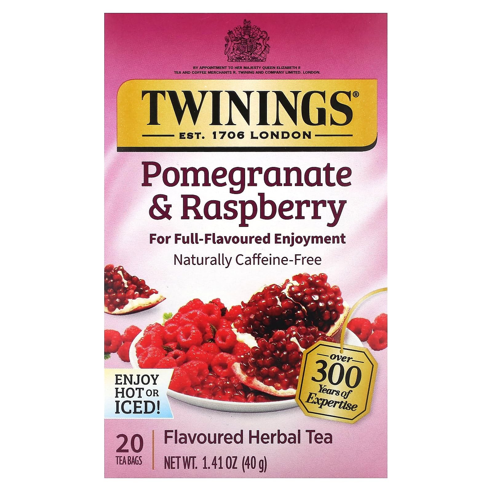 Twinings Pomegranate & Raspberry Herbal Tea Individually Wrapped Bags 20 Count
