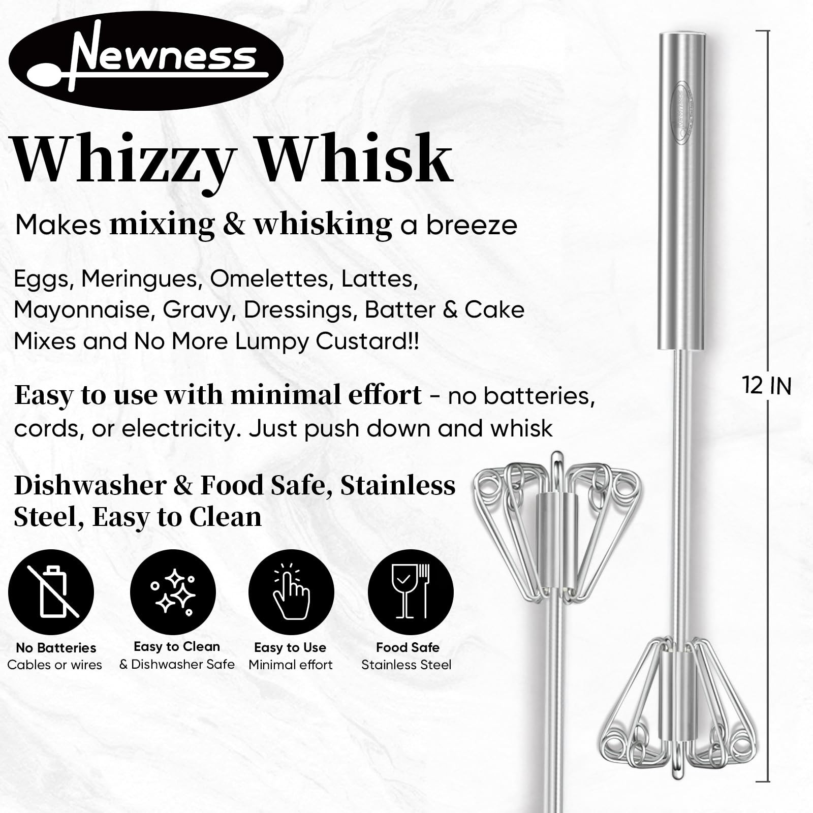 Newness Whizzy Whisk, Stainless Steel Semi Automatic 1 PCS 12 Inch, Silver