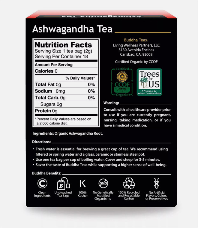 Buddha Teas Organic Ashwagandha Tea, 18 Bleach-Free Tea Bags