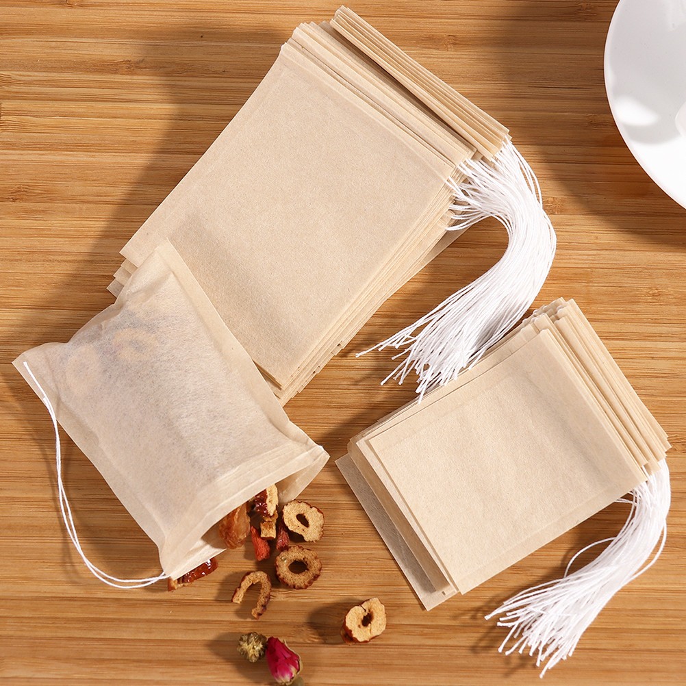 100Pcs Reusable Tea Filter Bags with Drawstring for Loose Tea Light Brown