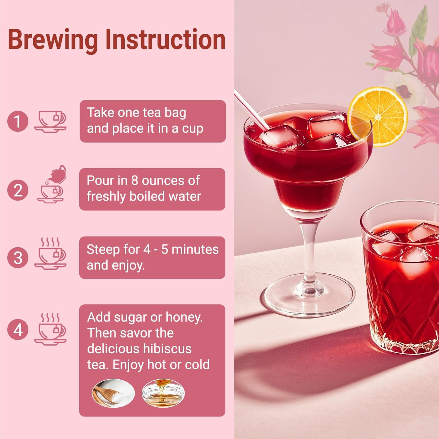 Hibiscus Tea Bags, 100% Natural Hibiscus Flowers Herbal High Blood Pressure Tea