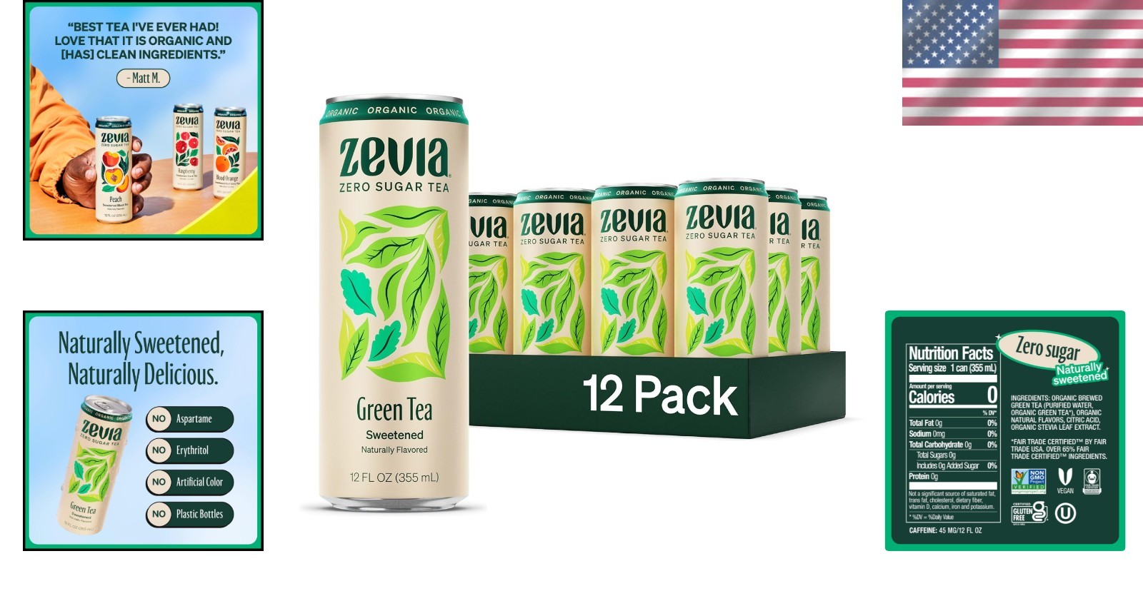 Naturally Sweetened Green Tea, 12-Pack of 12 oz Cans – Sugar-Free & Gluten-Free