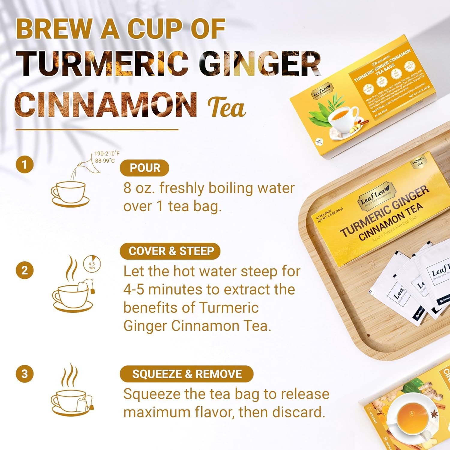 LeafLea 40 Turmeric Ginger Cinnamon Tea Bags, 100% Natural Ingredients Herbal Te