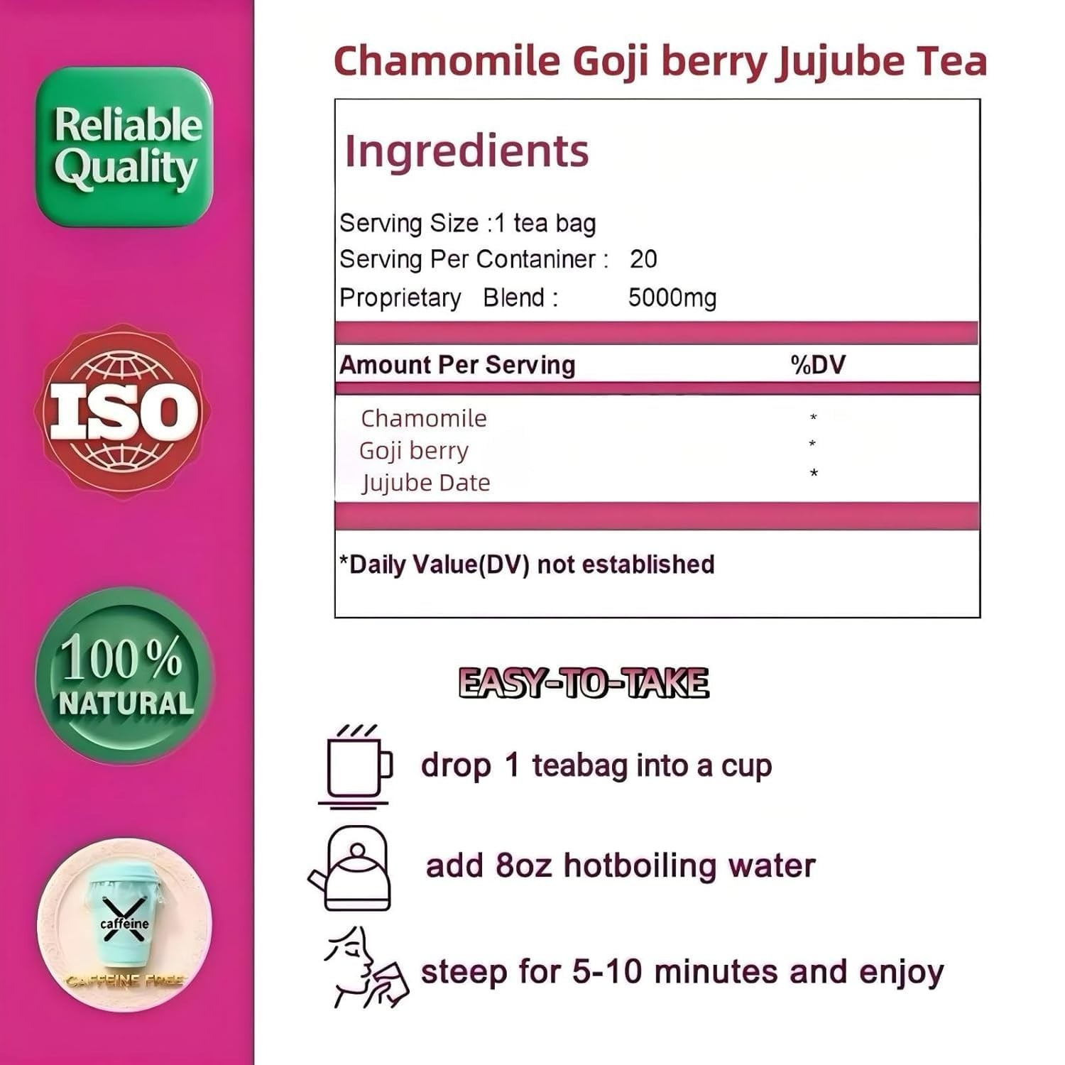 Chamomile Goji Berry Jujube Date Sleepy Time Tea, 5g x 20 Teabags Caffeine-Free