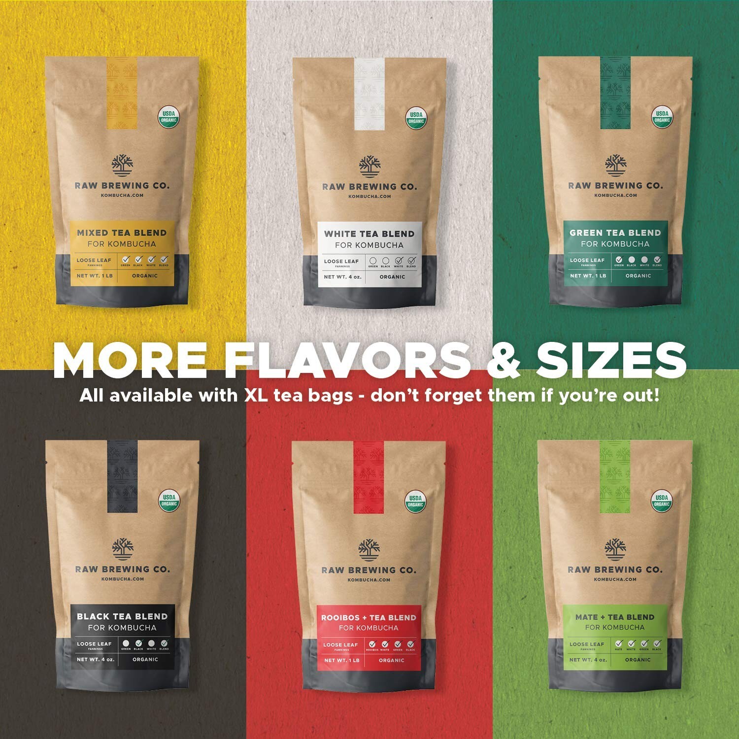 Organic Kombucha Brewing Blends – 1 Pound Black/Green/White Tea – 50 Gallons