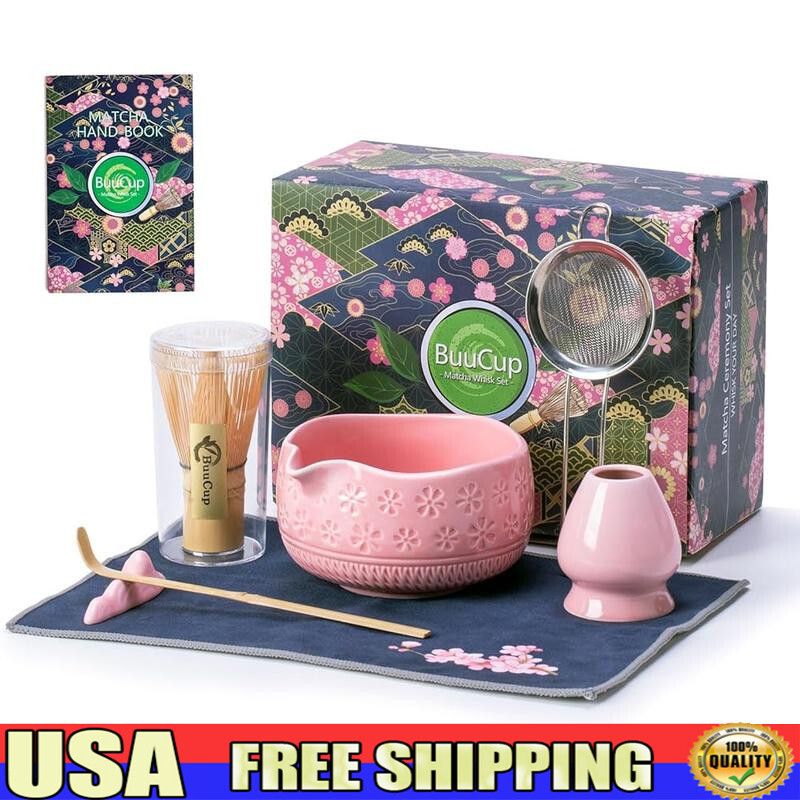 7 Pcs Matcha Set W/ Bowl Sifter Bamboo Scoop Holder Tea Towel Whisk Pink New