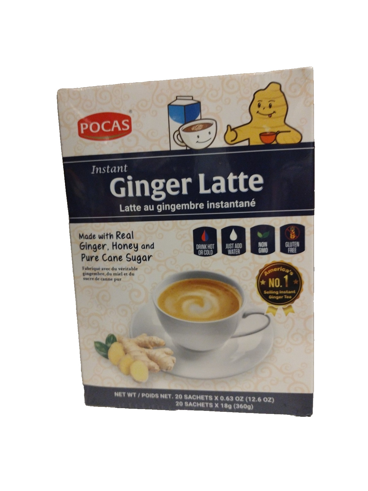 Pocas Honey Ginger Latte Instant Honey Ginger Tea 20 Bags with Real Ginger