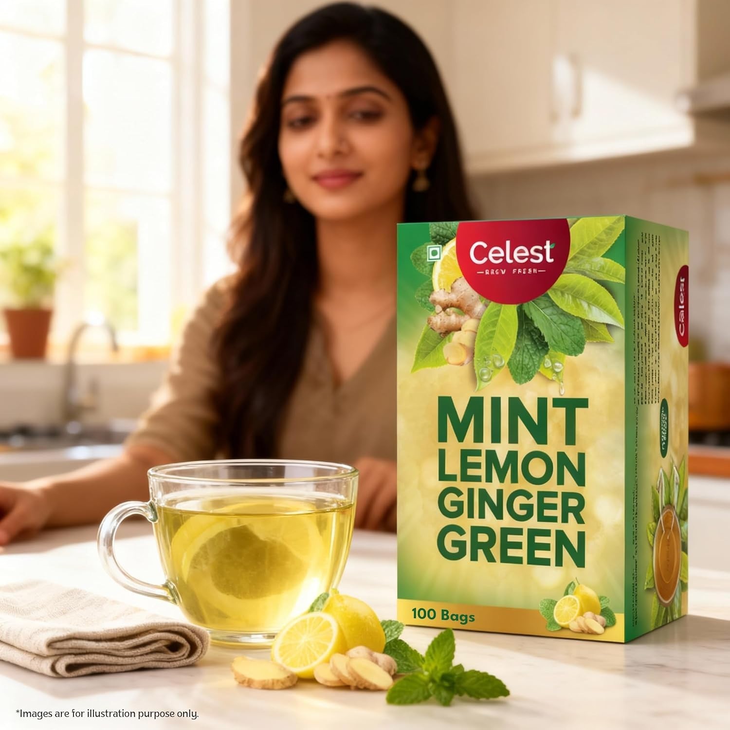 100% Natural Celest Green Tea 100 Bags – Ginger | Mint & Lemon | (Each 1.5g)