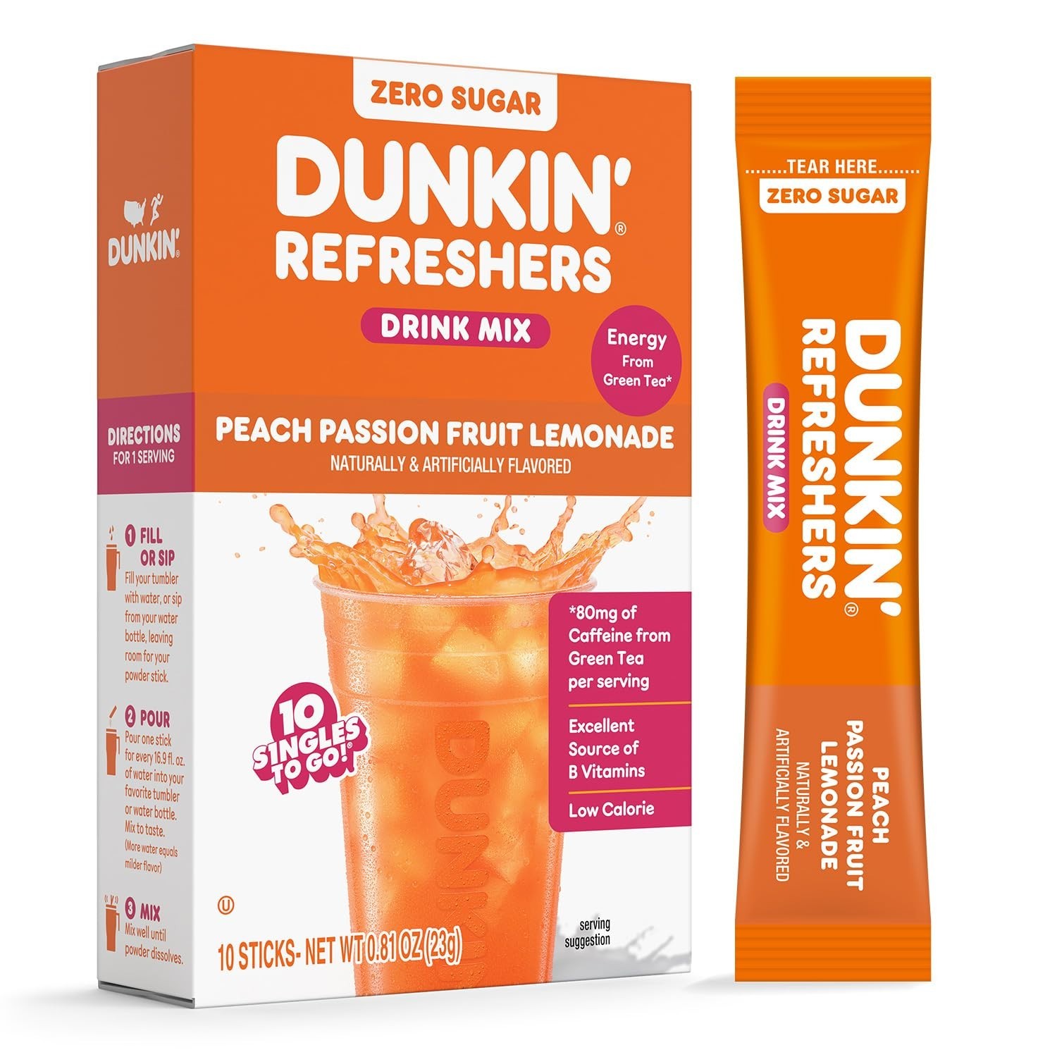 Dunkin’ Zero Sugar Refreshers Singles To Go! Powdered drink mix packets, Peach P