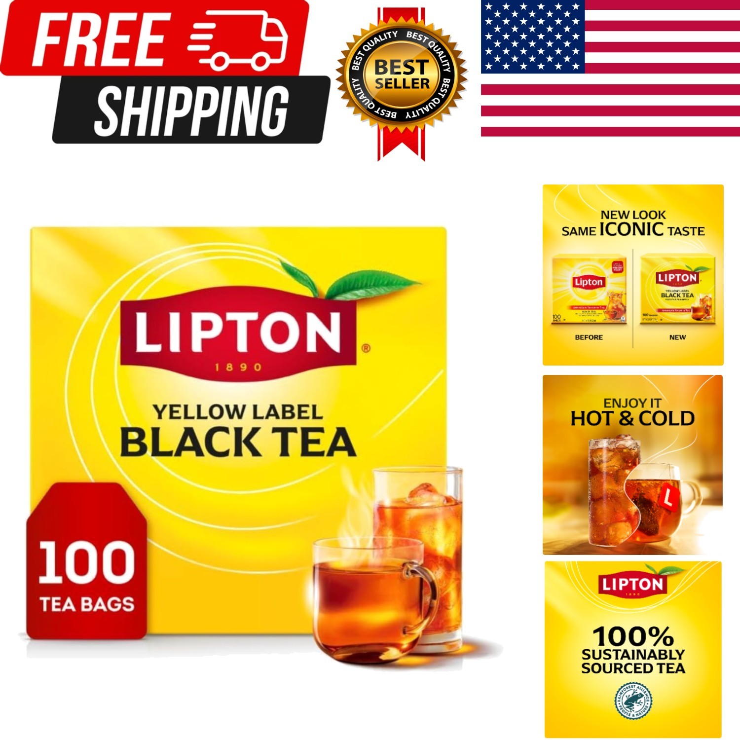Lipton Black Tea Bags, Hot or Iced High Caffeine Tea, 100 Total Bags