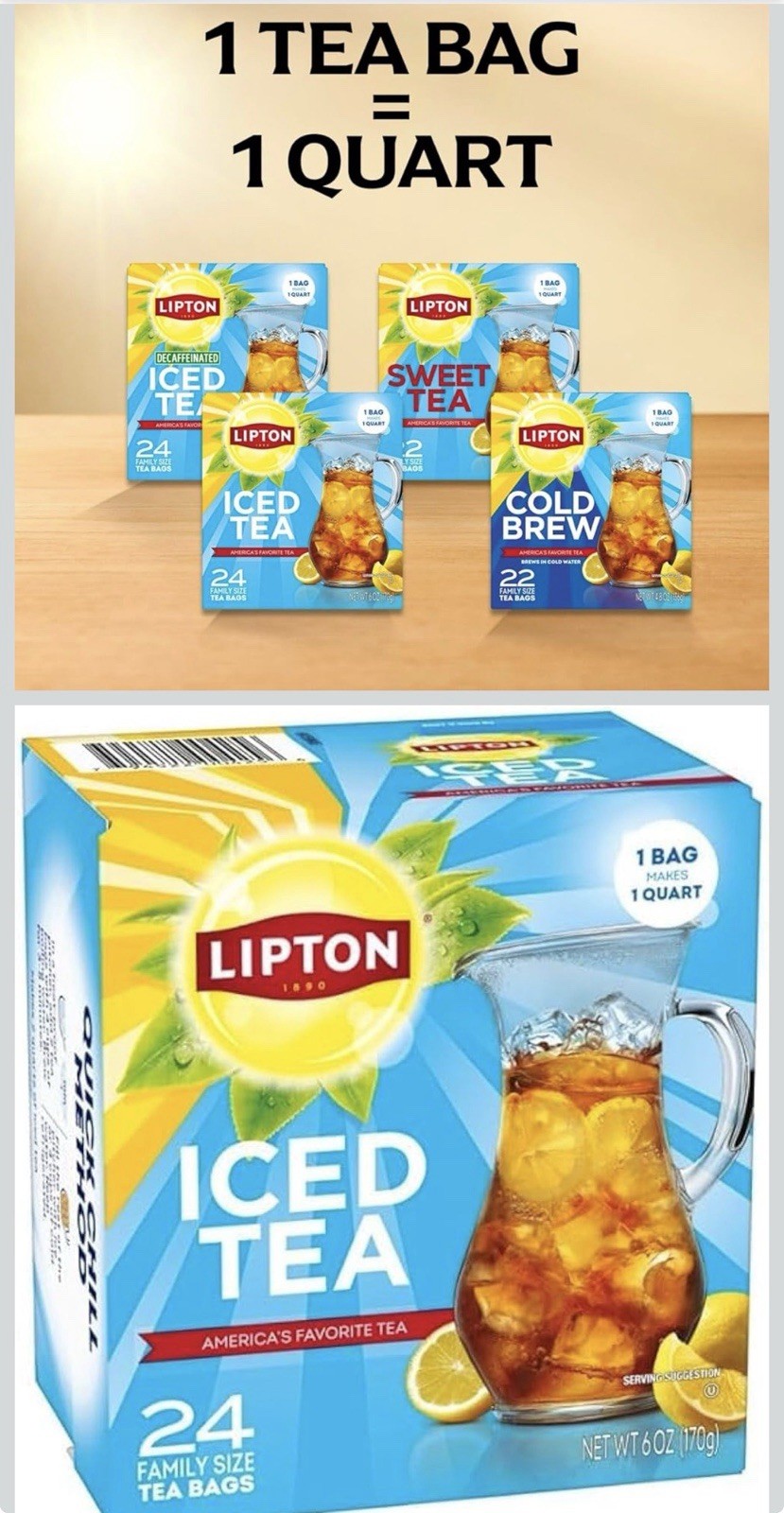 Lipton Unsweetened Black Tea Bags Family Size 144 Ct Zero Calorie 6-Pack
