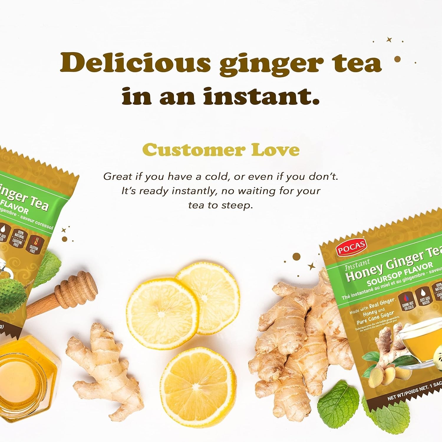Pocas Honey Ginger Instant Tea Powder, Soursop Flavor, Real Ginger Extract & Swe