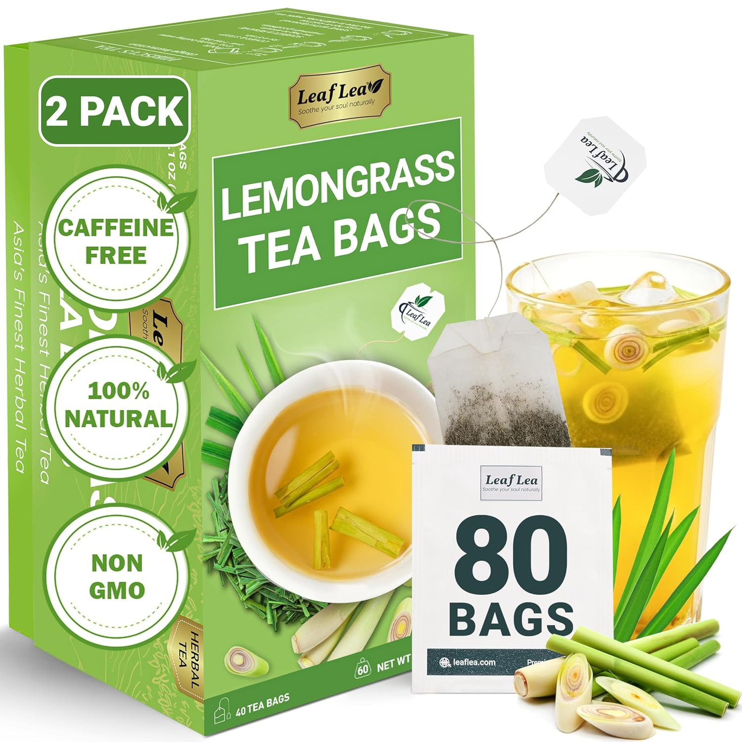 80 Premium Lemongrass Tea Bags, Natural Herbal Lemongrass Leaves, Te De Limoncil