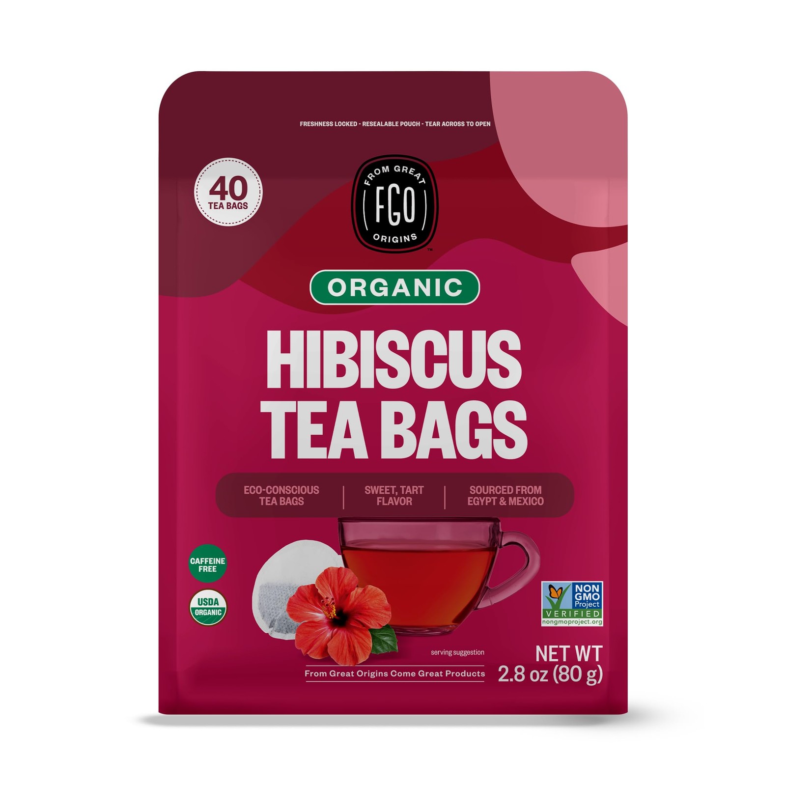 Organic Hibiscus Herbal Tea, 40 Count, EcoConscious Tea Bags, Caffeine Free P…