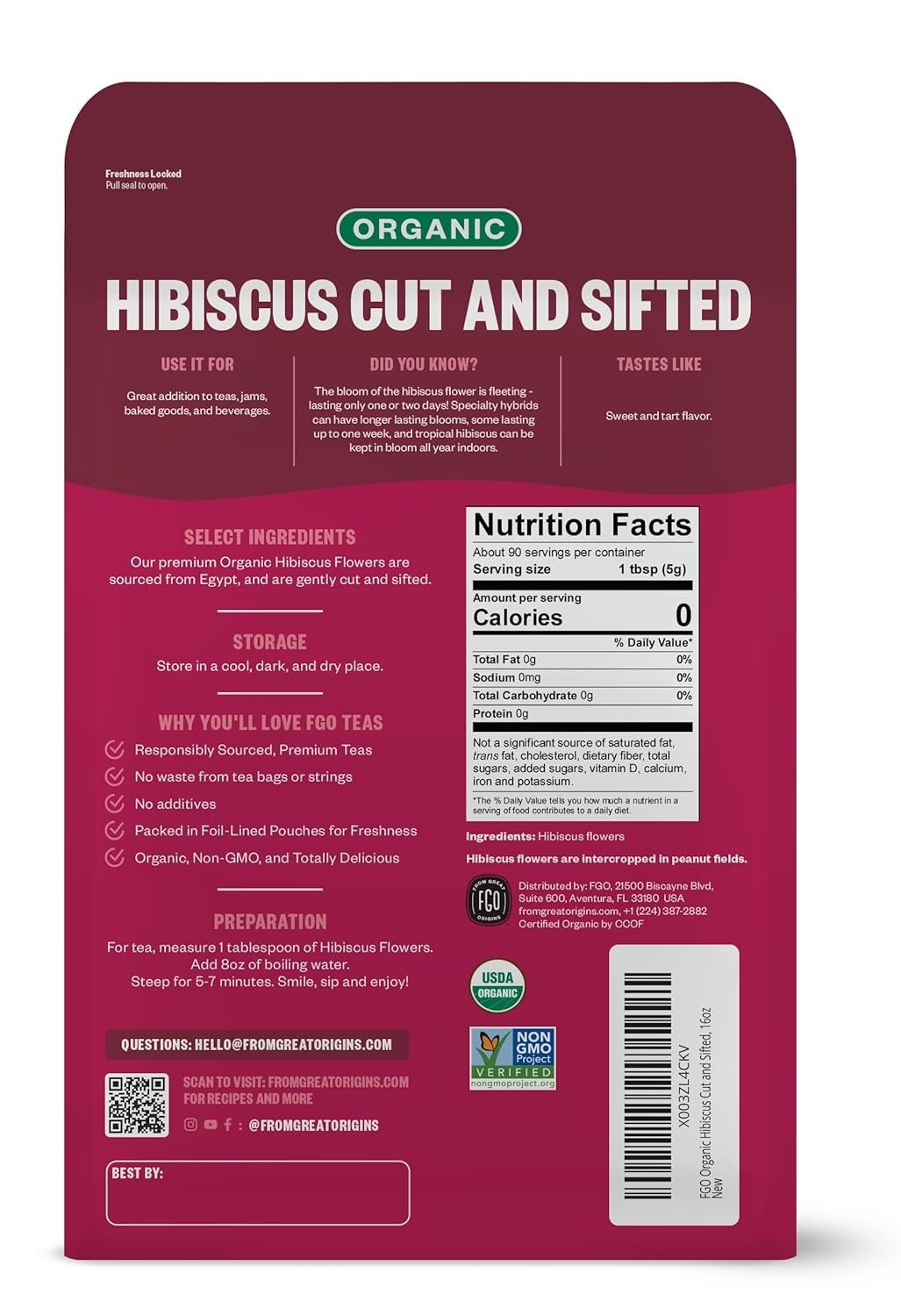 Organic Hibiscus Flowers, Cut and Sifted, 16oz Bulk Resealable Bag, Packaging…