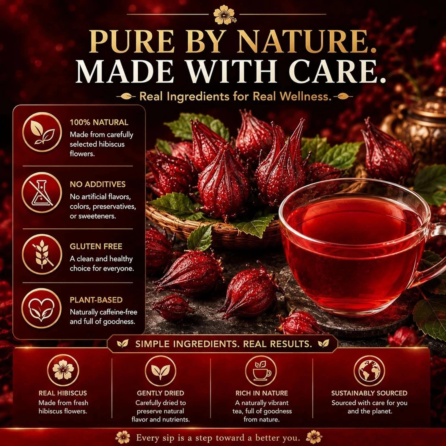 Premium 80 Hibiscus Flowers Tea Bags, 100% Natural, Handmade & Pure from Hibi