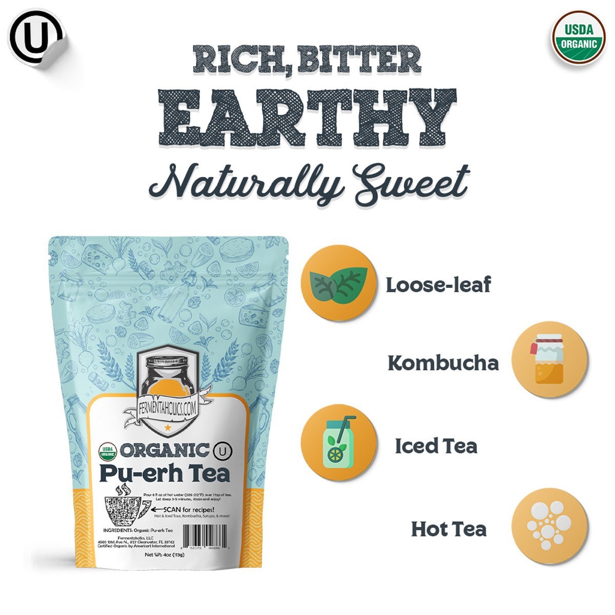Fermentaholics USDA Certified Organic Loose-Leaf Pu-Erh Tea – 4 oz
