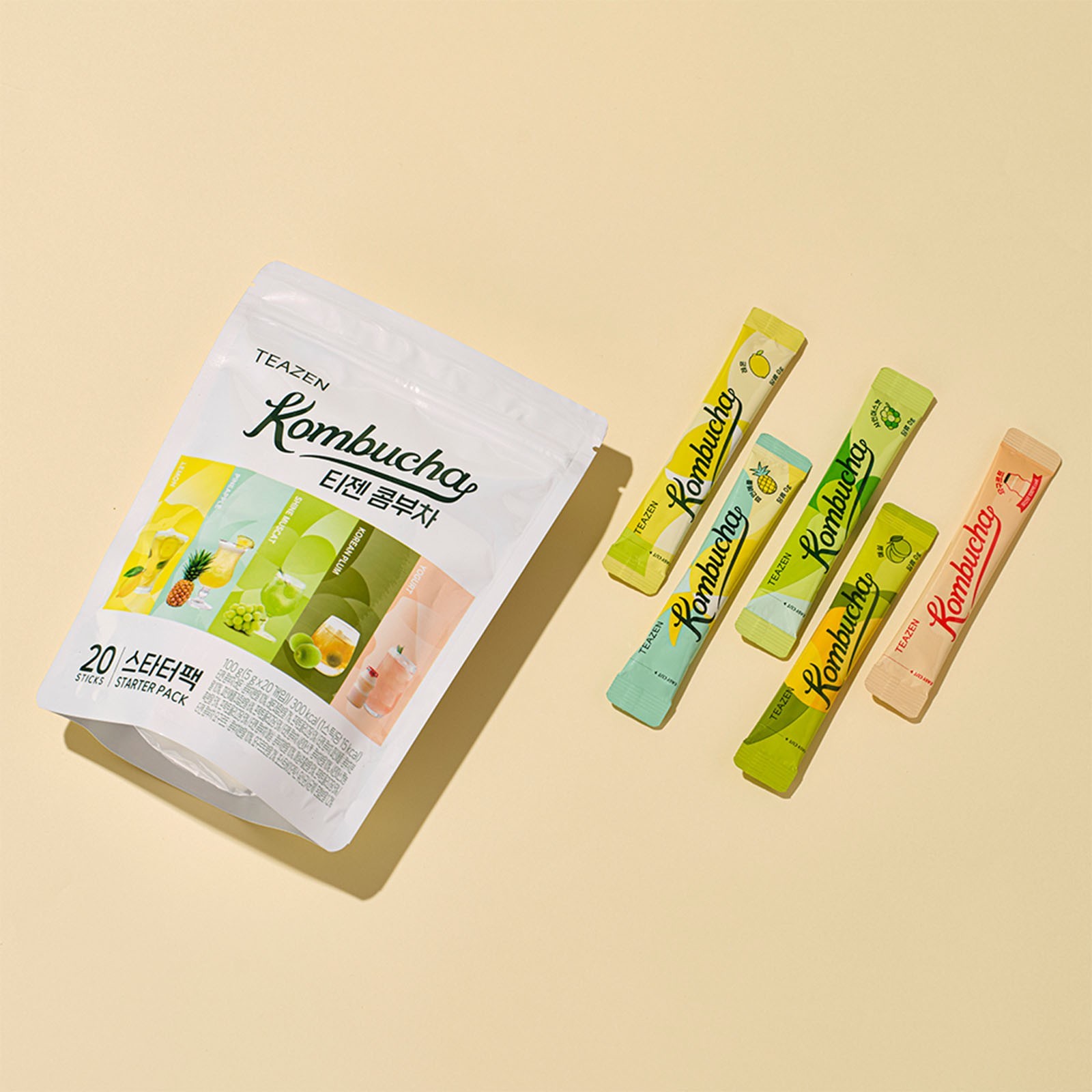 Teazen Kombucha Starter Pack Prebiotics Tea 20 Stick Set (5 Flavors × 4 Sticks)