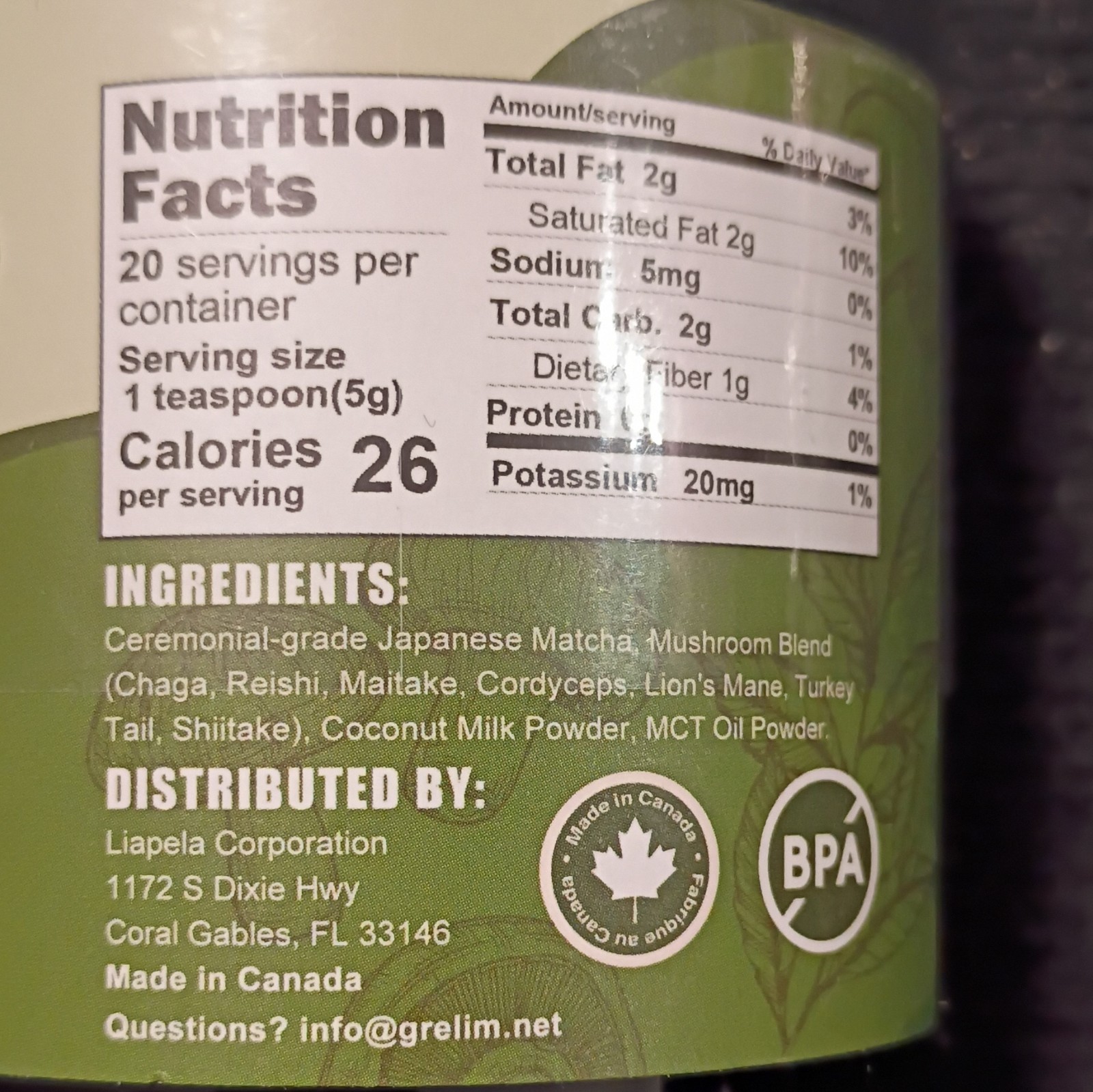Grelim Mushroom Matcha Japanese Matcha + 7 Mushroom Blend Powder 100g 20 Serv