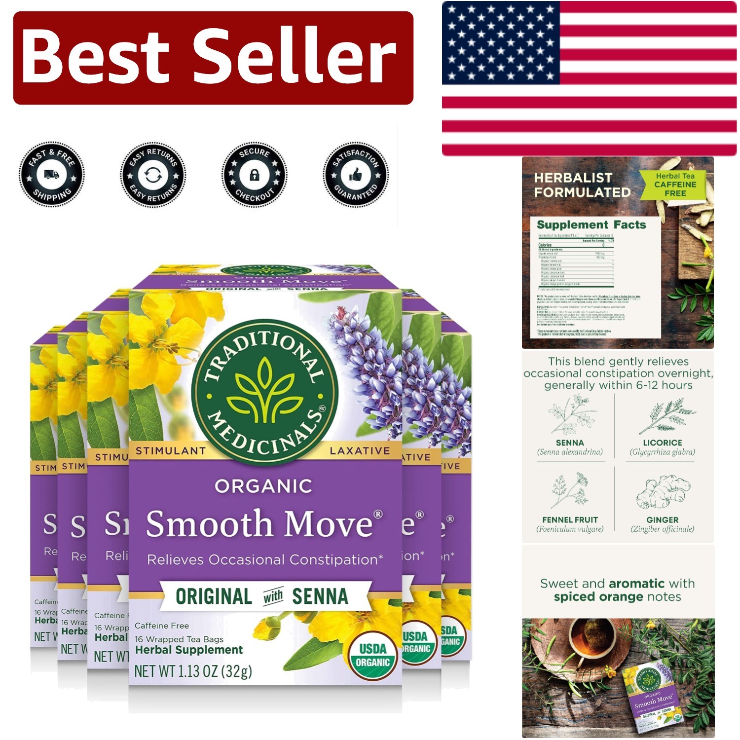 Organic Smooth Move Tea – 96 Bags of Gentle Laxative with Spiced Orange Flavor